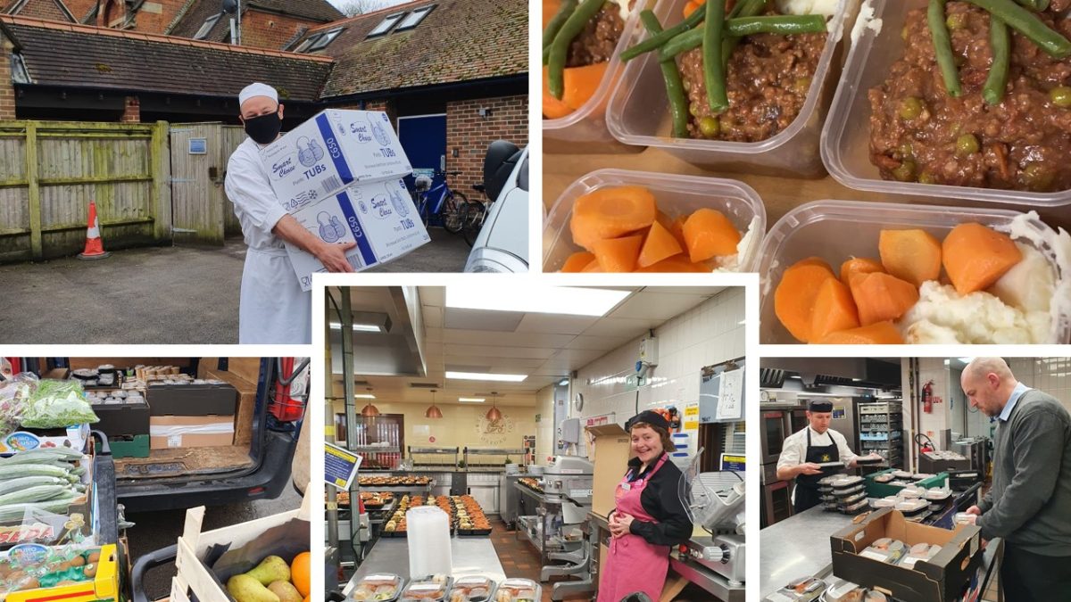a collage of images showing food, people working in kitchens and carrying boxes around